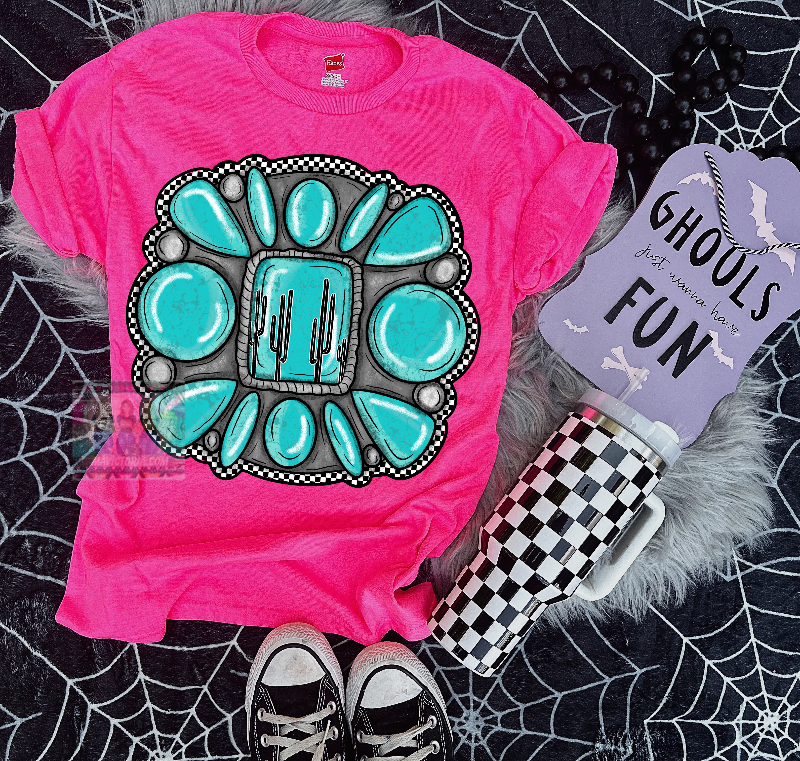 Checkered turquoise stone piece on NEON PINK graphic TEE - Mavictoria Designs Hot Press Express