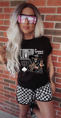 Black comfort colors graphic tee COWGIRLS DON’T CRY wanted and wild // checkered shorts available separately - Mavictoria Designs Hot Press Express