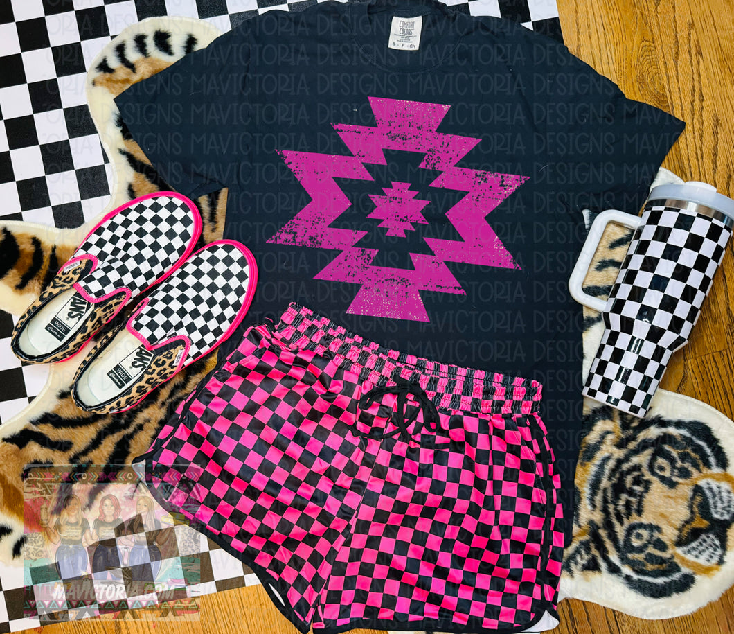 Black comfort colors tee hot pink aztec print tee // pinks and black checkered shorts available separately - Mavictoria Designs Hot Press Express