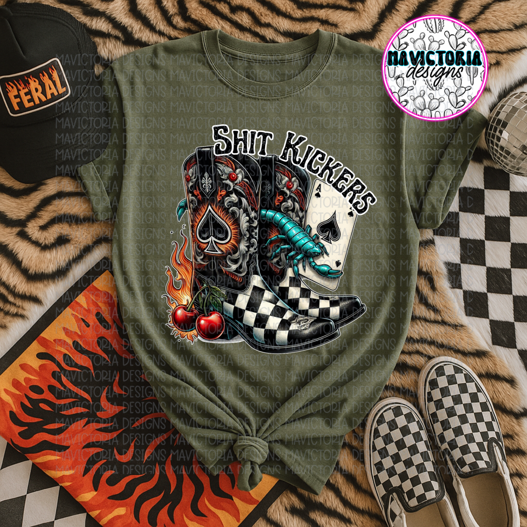 Shit kickers on military green comfort colors western graphic tee - Mavictoria Designs Hot Press Express