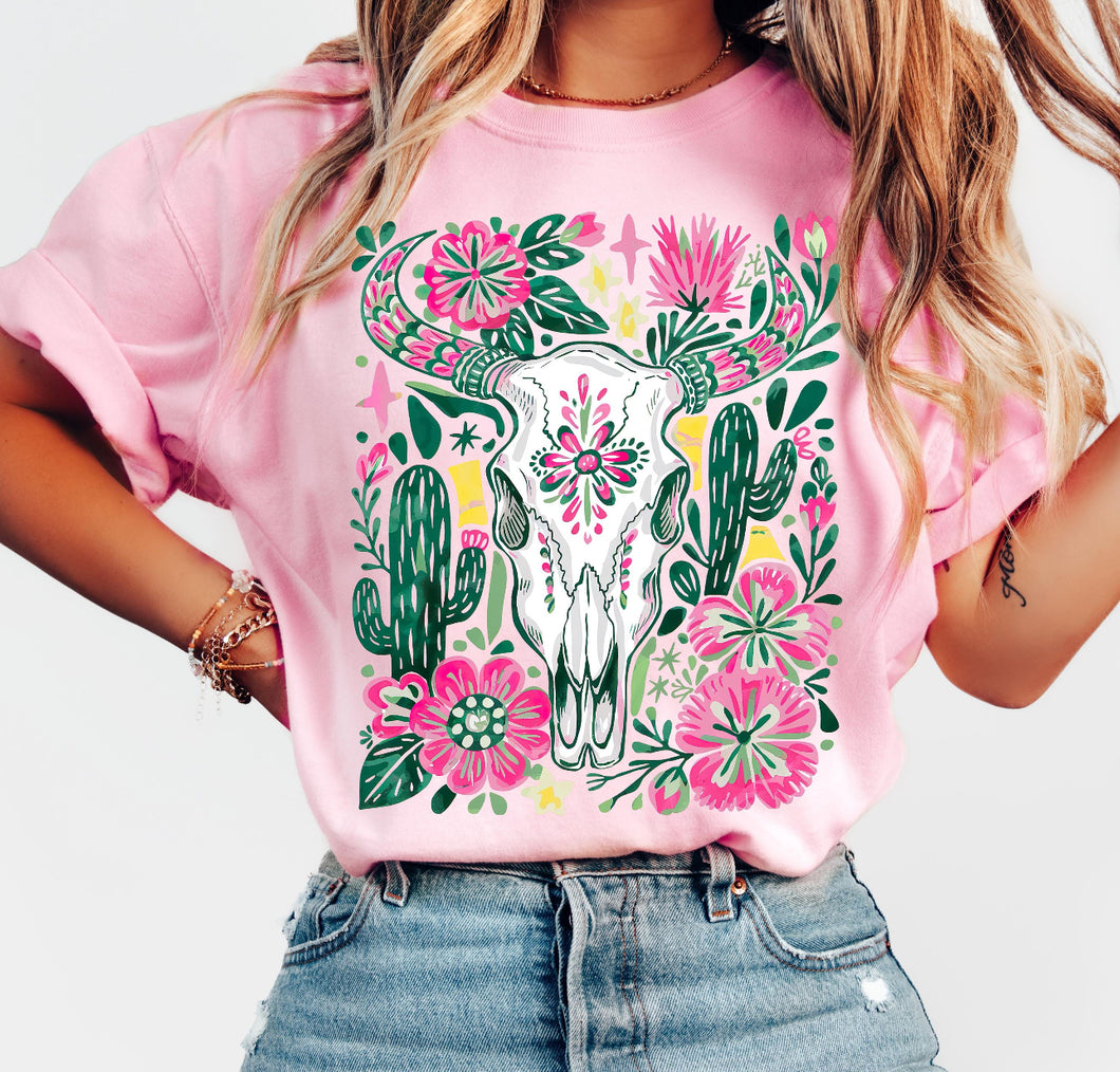 Floral and cactus bullskull graphic tee on blossom pink comfort colors tee - Mavictoria Designs Hot Press Express