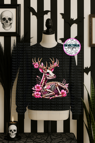Skeleton deer in pink on black hoodie, crewneck, long sleeve or tee - Mavictoria Designs Hot Press Express