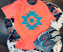 Load image into Gallery viewer, Turquoise Aztec tee on comfort colors brand NEON coral .. matching bells sold separately - Mavictoria Designs Hot Press Express
