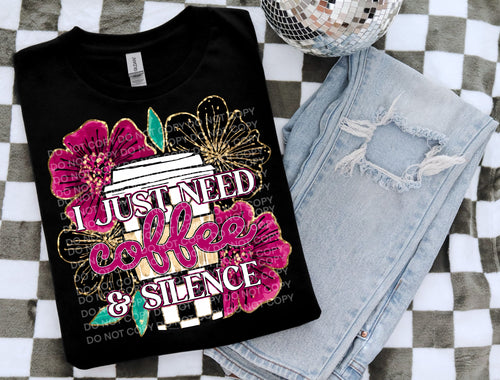I just need coffee and silence checkered cup on black hoodie, crewneck, long sleeve or graphic tee - Mavictoria Designs Hot Press Express