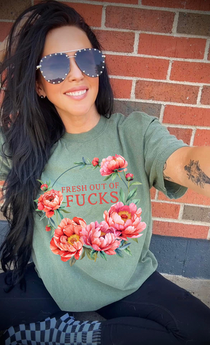 Fresh out of fucks floral design on green graphic tee - Mavictoria Designs Hot Press Express