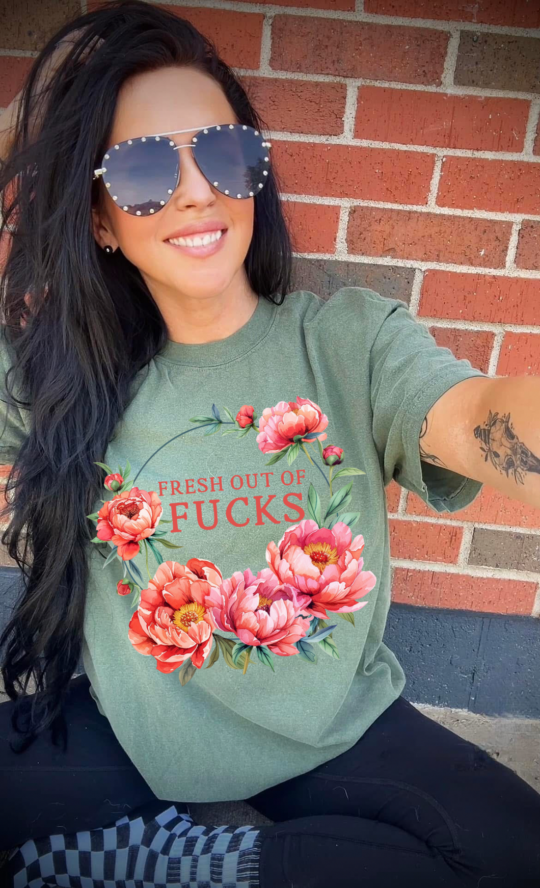 Fresh out of fucks floral design on green graphic tee - Mavictoria Designs Hot Press Express