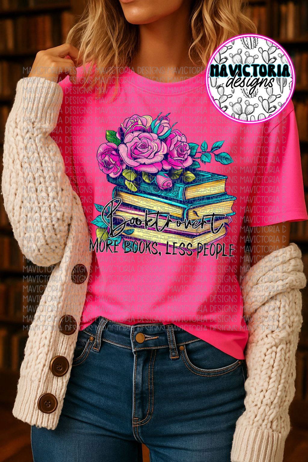 Booktrovert more books less people on neon pink graphic tee - Mavictoria Designs Hot Press Express