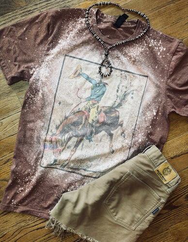 Cocoa chocolate brown bleached vintage cowboy bronco graphic tee - Mavictoria Designs Hot Press Express