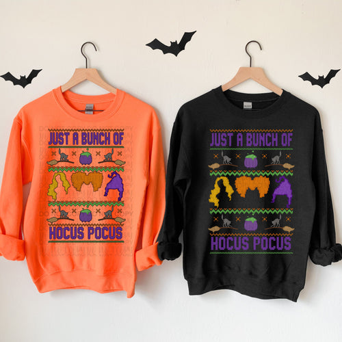 just a bunch of hocus pocus faux cross stitching on black or orange hoodie, crewneck, long sleeve or tee - Mavictoria Designs Hot Press Express