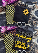 Load image into Gallery viewer, I wonder if my husband looks both ways before getting on my nerves funny graphic tee yellow checkered bike shorts sold separately - Mavictoria Designs Hot Press Express
