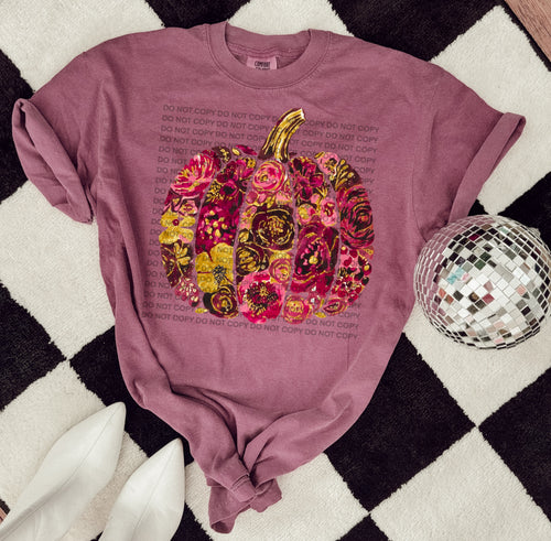 Golden floral pumpkin on BERRY comfort colors western graphic tee - Mavictoria Designs Hot Press Express
