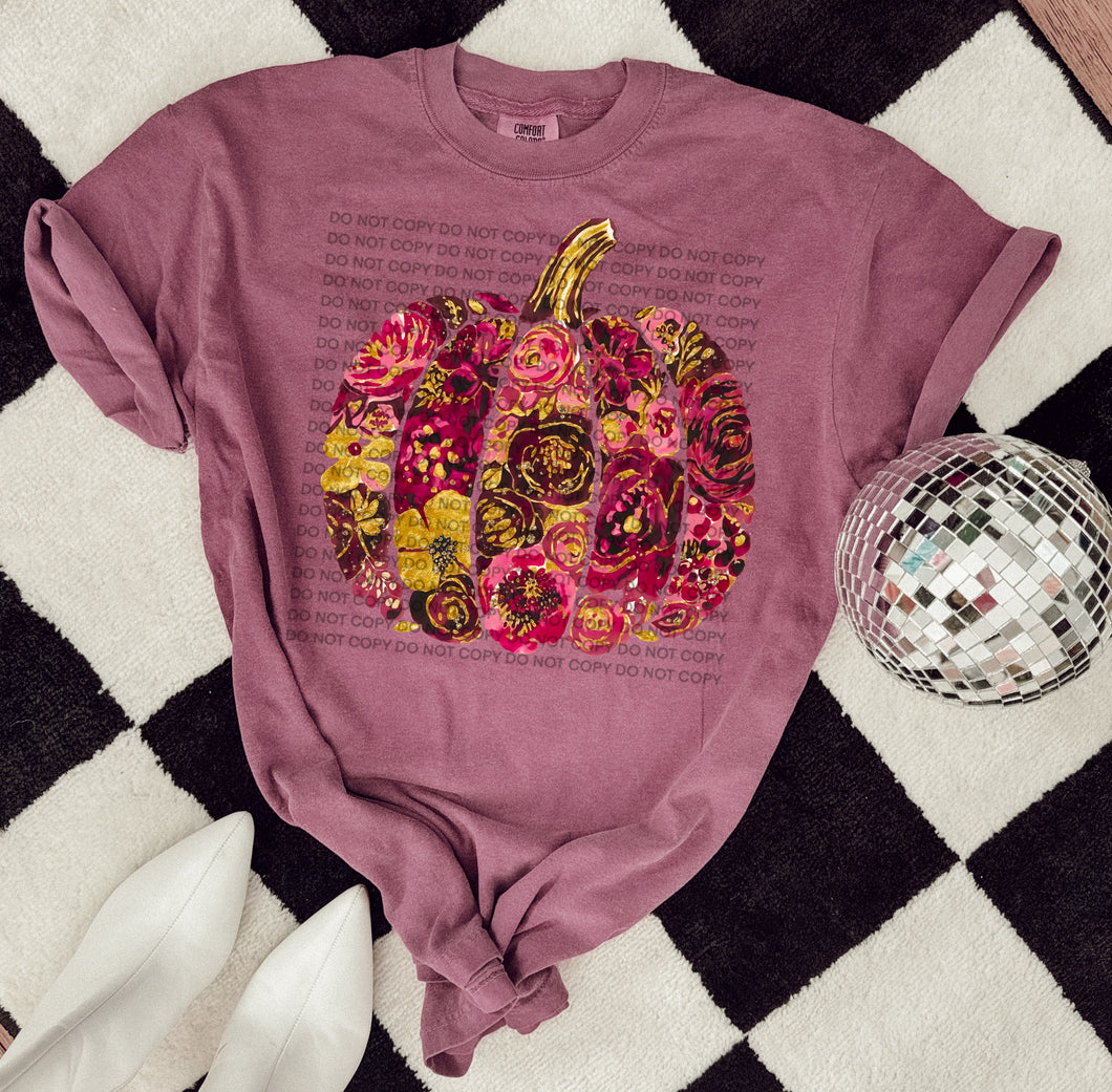 Golden floral pumpkin on BERRY comfort colors western graphic tee - Mavictoria Designs Hot Press Express