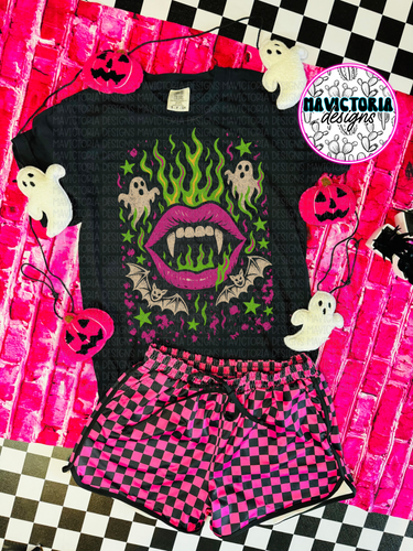 Neon ghostly fangs on black hoodie, crewneck, long sleeve or tee - Mavictoria Designs Hot Press Express