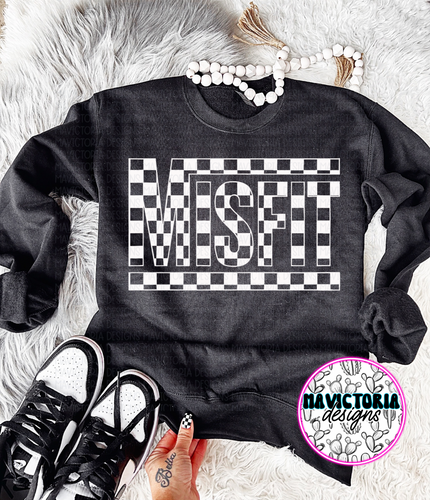 checkered MISFIT on black hoodie, crewneck, long sleeve or tee - Mavictoria Designs Hot Press Express