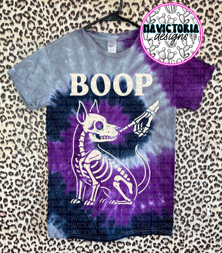 BOOP Skellie dog on purple black and grey tie dye graphic tee - Mavictoria Designs Hot Press Express