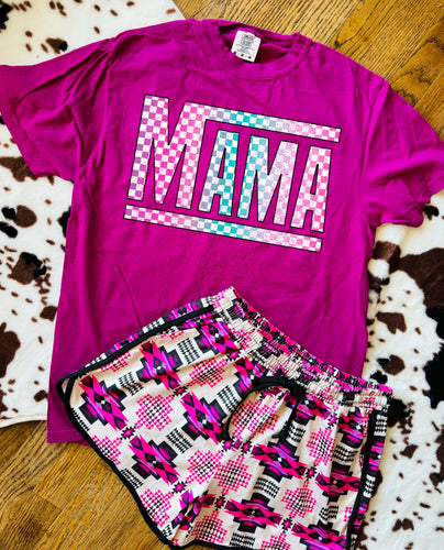 Comfort colors magenta vans checkered mama in teal and pink graphic tee - shorts available under style - Mavictoria Designs Hot Press Express
