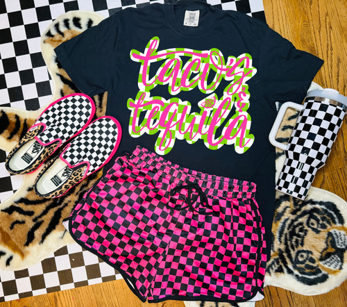 Tacos and tequila on Black tank, hoodie, crewneck, long sleeve or graphic tee - Mavictoria Designs Hot Press Express