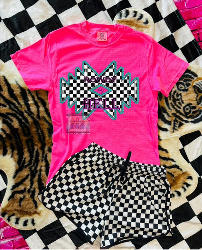 Checkered Aztec neon pink Rowdy as Hell , comfort colors graphic tee // checkered shorts available separately - Mavictoria Designs Hot Press Express