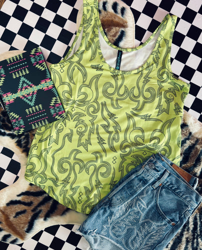 Light it up neon yellow boot stitch tank top - Mavictoria Designs Hot Press Express