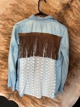 Load image into Gallery viewer, American Rag size medium denim button up with a lace and suede fringe back and on front pockets with poker charms and feather accents. ONE OF A KIND - Mavictoria Designs Hot Press Express
