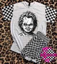 Load image into Gallery viewer, Horror collection graphic tee with checkered print sleeve
