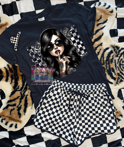 Shut the fuck up checkered tattooed girl graphic tee - shorts available under style - Mavictoria Designs Hot Press Express