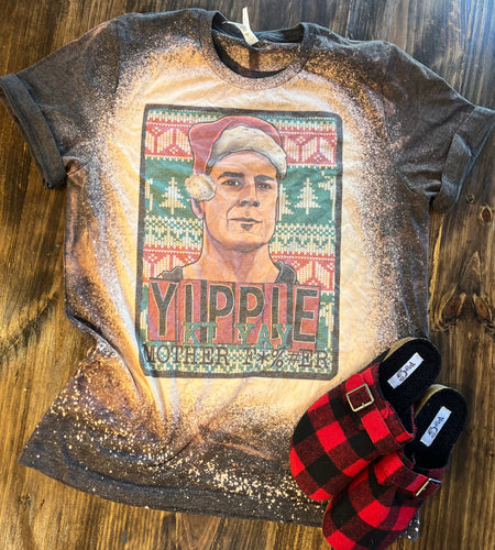 Yippie ki yay mother fucker DIE HARD Bleached charcoal graphic tee, sweatshirt, long sleeve OR hoodie - Mavictoria Designs Hot Press Express