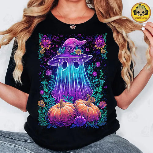 Neon ghost with witchy hat and pumpkins on black hoodie, crewneck, long sleeve or tee - Mavictoria Designs Hot Press Express