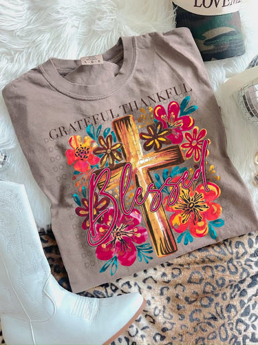 Thankful grateful and blessed on Espresso comfort colors graphic tee - Mavictoria Designs Hot Press Express