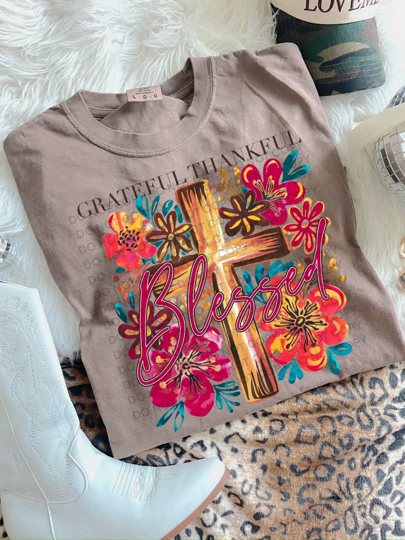 Thankful grateful and blessed on Espresso comfort colors graphic tee - Mavictoria Designs Hot Press Express