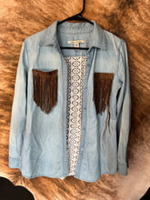 Load image into Gallery viewer, American Rag size medium denim button up with a lace and suede fringe back and on front pockets with poker charms and feather accents. ONE OF A KIND - Mavictoria Designs Hot Press Express
