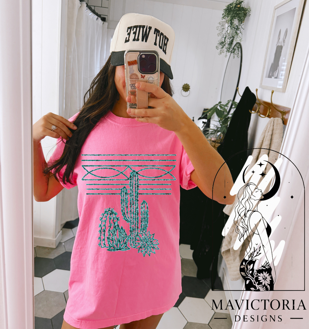 Cactus boot stitch on neon pink graphic tee crew long sleeve or hoodie - Mavictoria Designs Hot Press Express