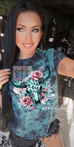 Floral and leopard bullskull teal and black dyed graphic tee - Mavictoria Designs Hot Press Express