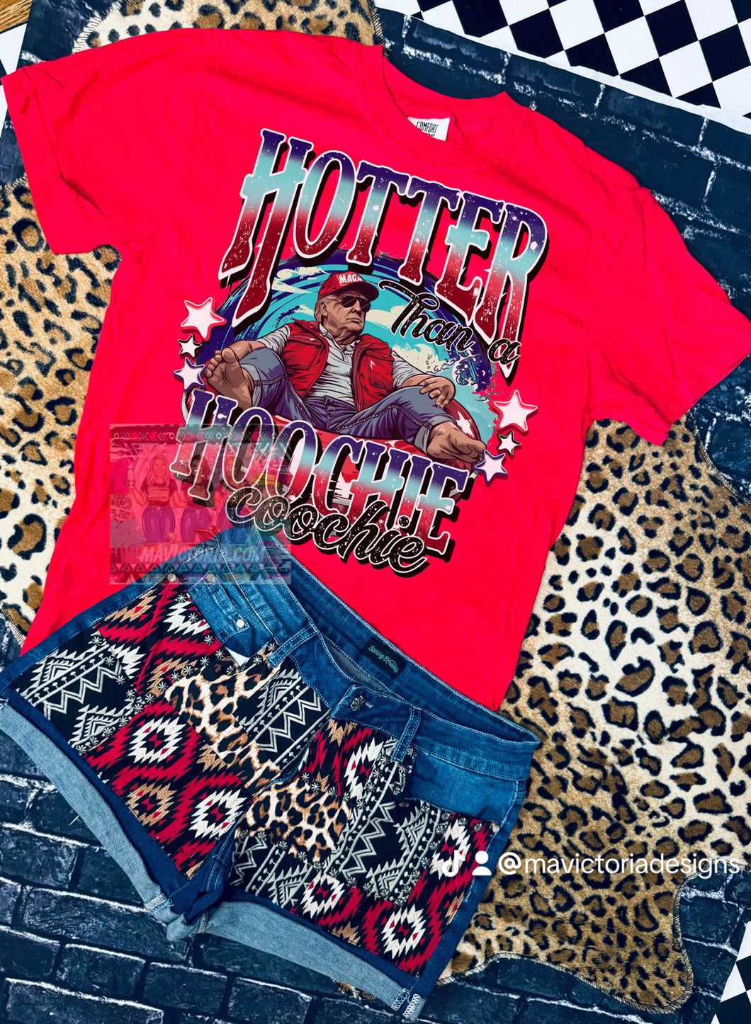 Hotter than a HOOCHIE COOCHIE on RED comfort colors tee- patched up denim shorts available separately in the shorts collection - Mavictoria Designs Hot Press Express