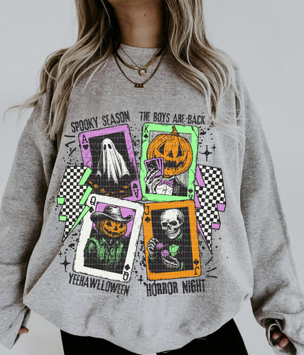 Spooky season cards on grey hoodie, crewneck, long sleeve or tee - Mavictoria Designs Hot Press Express