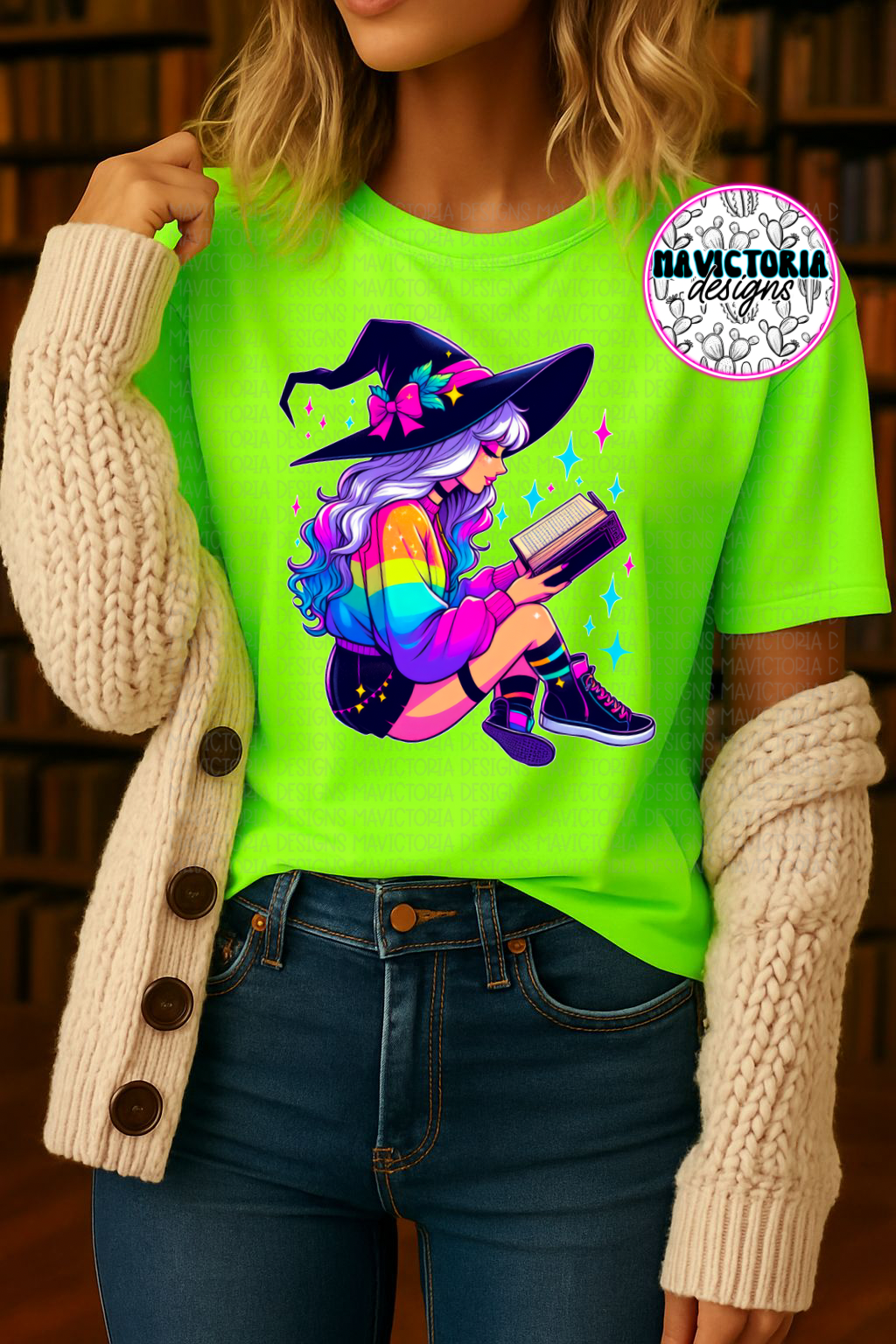 Witchy girl reading on neon green graphic tee - Mavictoria Designs Hot Press Express