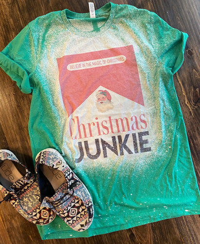 Christmas junkie on kelly green bleached graphic tee - Mavictoria Designs Hot Press Express