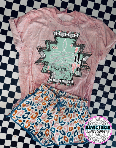 Living a western kind of life bootstitch aztec on pink tie dye comfort colors WESTERN graphic tee - Mavictoria Designs Hot Press Express