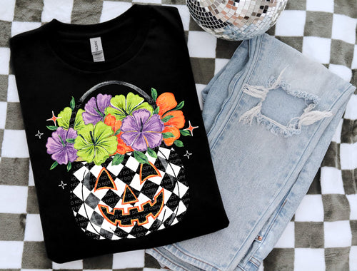 Checkered pumpkin bucket with flowers on black hoodie, crewneck, long sleeve or tee - Mavictoria Designs Hot Press Express