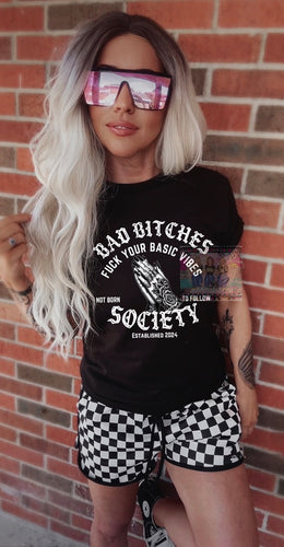 Comfort Colors Bad Bitches Society graphic tee // checkered shorts available separately - Mavictoria Designs Hot Press Express