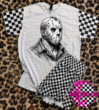 Load image into Gallery viewer, Horror collection graphic tee with checkered print sleeve
