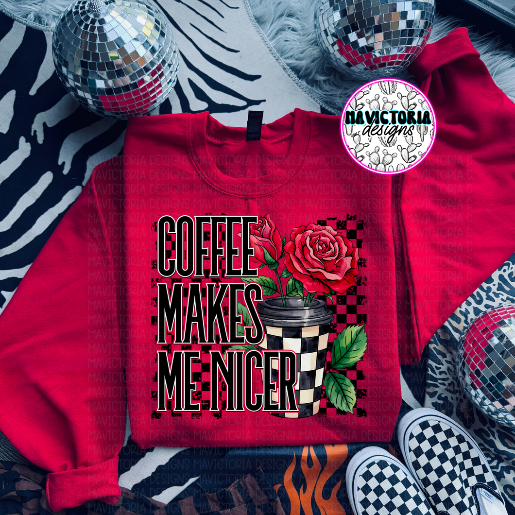 Coffee makes me nicer on RED hoodie, crewneck, long sleeve or tee - Mavictoria Designs Hot Press Express