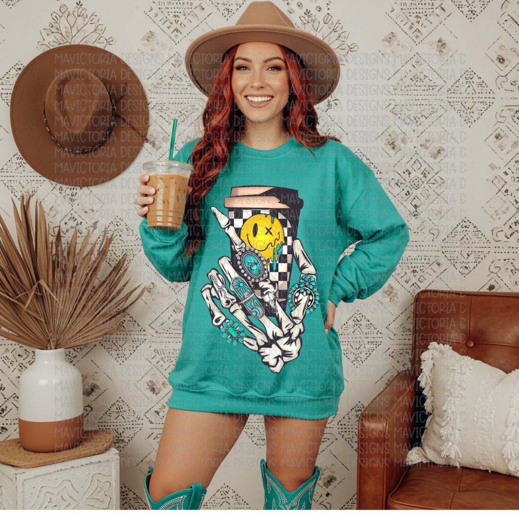 Skellie coffee cup on PEACOCK GREEN hoodie, crewneck, long sleeve or graphic tee - Mavictoria Designs Hot Press Express