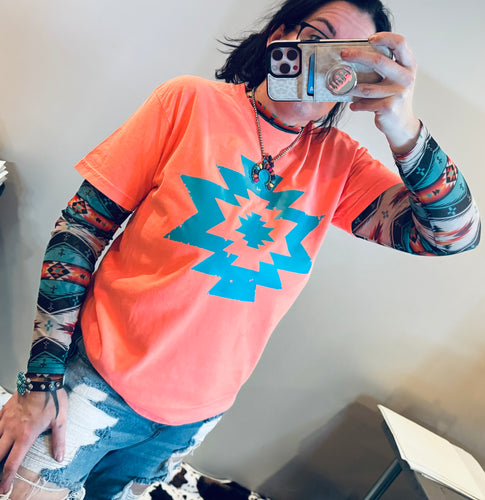 Turquoise Aztec tee on comfort colors brand NEON coral .. matching bells sold separately - Mavictoria Designs Hot Press Express