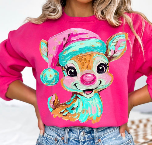 Watercolor reindeer on pink hoodie, crewneck, long sleeve or te - Mavictoria Designs Hot Press Express