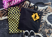 Load image into Gallery viewer, I wonder if my husband looks both ways before getting on my nerves funny graphic tee yellow checkered bike shorts sold separately - Mavictoria Designs Hot Press Express
