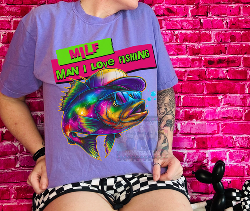 MILF MAN I LOVE FISHING comfort colors violet graphic tee // checkered shorts available separately - Mavictoria Designs Hot Press Express