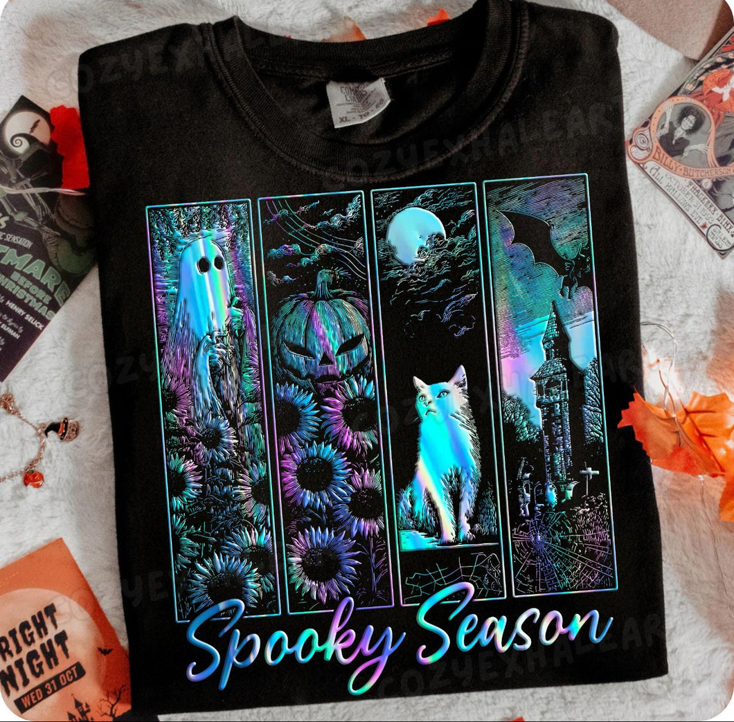 Holographic spooky season on black graphic tee, long sleeve, crewneck sweatshirt or hoodie - Mavictoria Designs Hot Press Express