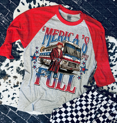 Red and gray MERICAS FULL graphic raglan baseball tee - Mavictoria Designs Hot Press Express