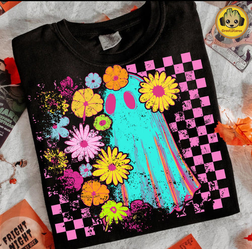Teal ghost with retro pink checkered print on black hoodie, crewneck, long sleeve or tee - Mavictoria Designs Hot Press Express